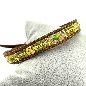HAND CRAFTED Leather Wrap Bracelet with Gold and Green Unisex